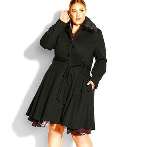 NWT CITY CHIC Blushing Belle Navy Belted Coat Removable Fur Collar 14 MSRP $198